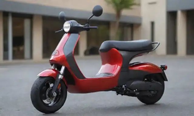 Sleek, futuristic, scooter eléctrico con características de diseño deportivo, acabado metálico brillante, colores atrevidos, líneas elegantes, luces LED, tamaño compacto, manillar ergonómico, y un sentido de velocidad y agilidad