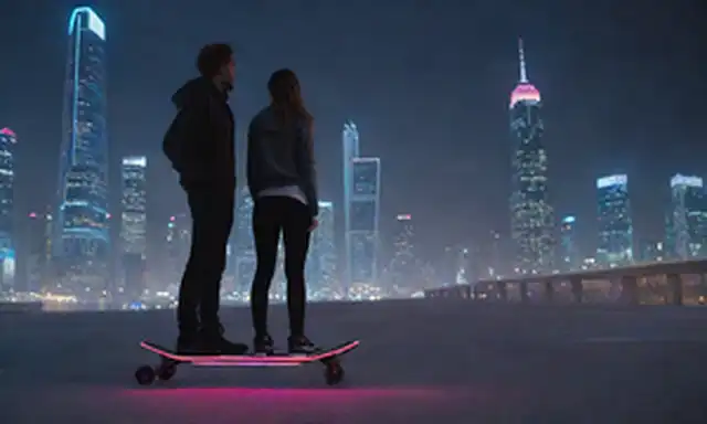 2 personas con ropa futurista de pie junto a un patinete eléctrico elegante y de alta tecnología con luces brillantes y acentos brillantes