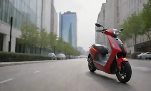 2022 scooter eléctrico, diseño elegante, marca de lujo, carretera europea, día soleado, paisaje urbano, arquitectura moderna, gente caminando, logotipo de Bugatti, acentos de color rojo, estética de alta gama, pose dinámica, primer plano, fondo borroso