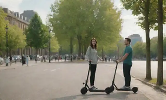 2 personas, de pie, sonriendo, con scooters eléctricos, en una calle de la ciudad, día, soleado cielo, árboles, edificios, pavimento, bicicletas, peatones, no coches