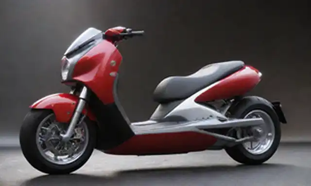 Scooter de 2 plazas con diseño elegante, logotipo de Bugatti en panel lateral, esquema de color rojo y plata, estética futurista, luces LED en frente, acentos cromáticos