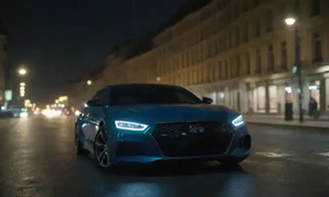 coche sedán, paisaje urbano europeo, vehículo de lujo, diseño elegante, colores atrevidos, elementos futuristas, estilo vanguardista, escena nocturna, faros reflejados en superficie brillante