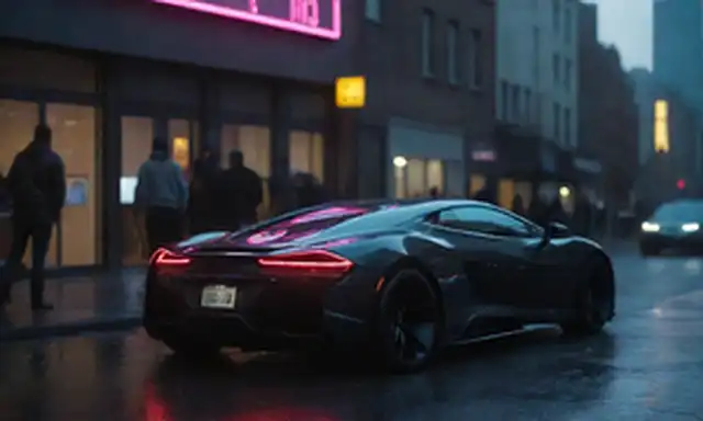 Un coche elegante y futurista en una calle de la ciudad, con luces de neón que reflejan su superficie brillante, rodeado de gente que lo admira, con un fondo oscuro y moderno, y un toque de arquitectura europea en la distancia
