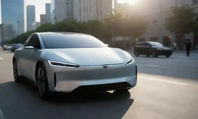 2023 coche eléctrico en una carretera, cerca de su elegante diseño de cuerpo, luz solar brillante que refleja su superficie brillante, paisaje urbano en el fondo, gente caminando alrededor de ella, un cable de carga conectado a su lado, y una sombra sutil que representa la velocidad y la agilidad