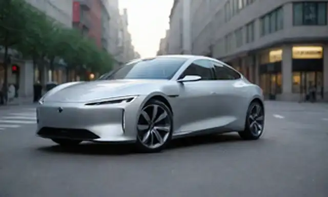 2023 sedán eléctrico, diseño elegante, cuerpo de plata, faros LED, parrilla frontal futurista, líneas aerodinámicas, ruedas de aleación, postura segura en la calle de la ciudad, fondo urbano