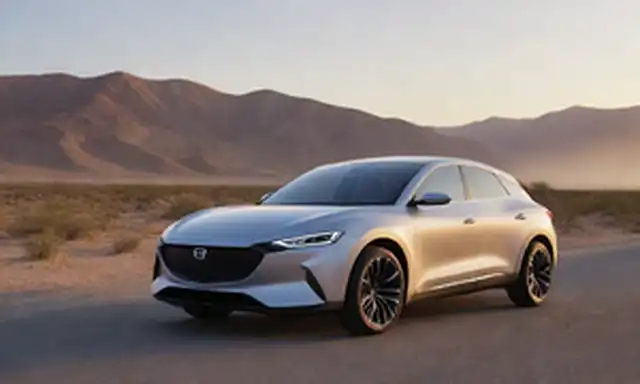 Auto eléctrico con diseño elegante, faros modernos, rejilla frontal audaz, líneas curvas, techo inclinado, ruedas de aleación, esquema de color brillante, paisaje urbano o fondo del desierto, puesta del sol o luz de la noche