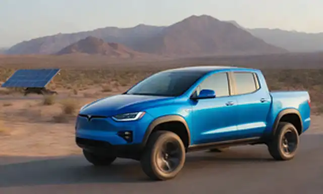 camión eléctrico de recogida azul que conduce en carretera del desierto, fondo de puesta del sol con montañas, paneles solares en el techo, modelo Tesla a distancia, logotipo de BYD en panel lateral