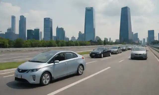 Paisaje urbano brillante con rascacielos futuristas, vehículos eléctricos elegantes que conducen por las carreteras, gente feliz cargando sus coches, un logotipo de BYD destacado, paneles solares en el fondo, y un toque de un día soleado con nubes