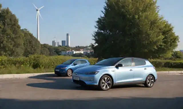 Un cielo azul brillante, un paisaje urbano en el fondo, un coche eléctrico BYD estacionado, una persona cargando el coche, vegetación alrededor, paneles solares en la azotea, turbinas eólicas girando en la distancia, fuentes de energía sostenible integradas en la vida cotidiana, transporte ecológico, modernidad e innovación