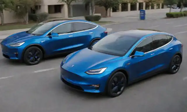 3 SUVs estacionado lado a lado en una calle de la ciudad, luz solar brillante reflejando sus cuerpos metálicos, con dos azul eléctrico Tesla Modelo Ys en frente y una BYD Song L destacando con su diseño único, cada coche mostrando sus líneas elegantes y faros LED