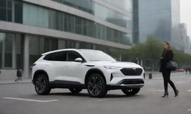 2022 SUV eléctrico blanco con diseño elegante, faros LED, parrilla negra, acentos plateados, estacionado en una calle de la ciudad rodeado de edificios modernos, con una persona caminando en el fondo