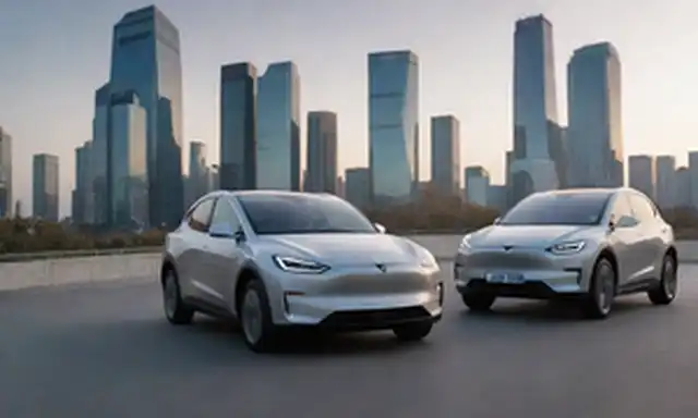 SUV eléctrico de 4 puertas estacionado lado a lado, BYD Canción L con cuerpo de plata elegante, modelo Tesla Y con diseño futurista, ambos con cables de carga enchufados, paisaje urbano con rascacielos modernos y coches conduciendo por, luz solar de la noche arrojando un resplandor cálido