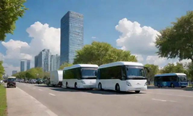Camiones eléctricos estacionados en un paisaje urbano, luz solar brillante, vegetación en el fondo, estaciones de carga eléctrica cercanas, gente caminando por, ambiente futurista, arquitectura moderna, entorno urbano, cielo azul con nubes blancas, un sentido del progreso e innovación, transporte sostenible, coches ecológicos, infraestructura vial