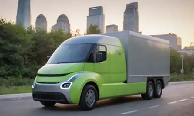 Un camión eléctrico limpio y moderno, con puerto de carga abierto, estacionado junto a un paisaje urbano al atardecer, rodeado de vegetación, transmitiendo la eco-amigo e innovación, con sutiles relieves en su diseño elegante, y un sutil desenfoque de fondo para enfatizar la presencia de vehículos, con sombras suaves
