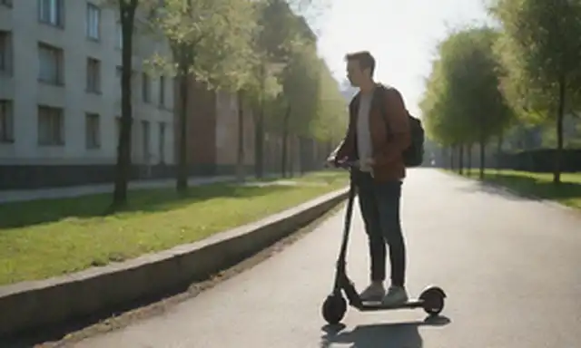 Una persona que lleva ropa casual, de pie en un camino pavimentado, con un scooter eléctrico junto a ellos, rodeado de elementos urbanos como edificios y árboles, con sombras de fundición de luz solar, transmitiendo un sentido de vida cotidiana, responsabilidad y libertad, todo dentro de un entorno limpio y moderno