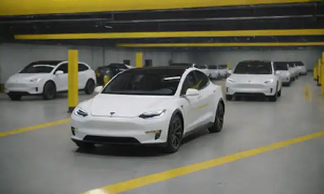 3D rendering, futuristic factory, Tesla logo, electric cars, 4680 cells, Cybertruck assembly line, paused production, yellow warning tape, stop sign, mechanical arms, robot workers