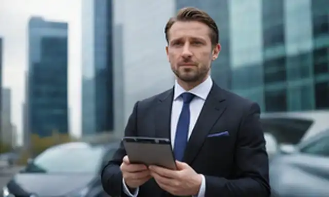 2020s cityscape, European headquarters building, futuristic electric car, CEO en traje y corbata, pose segura, holding tablet o smartphone