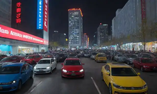 Un pintoresco paisaje chino con un prominente concesionario Volkswagen en el centro, rodeado de calles ocupadas y edificios modernos de altura, con una flota de coches Volkswagen estacionados fuera, con algunos competidores locales visibles en lotes adyacentes, transmitiendo una sensación de competencia y presencia de mercado, en medio de un telón de fondo de arte callejero vibrante y luces de neón