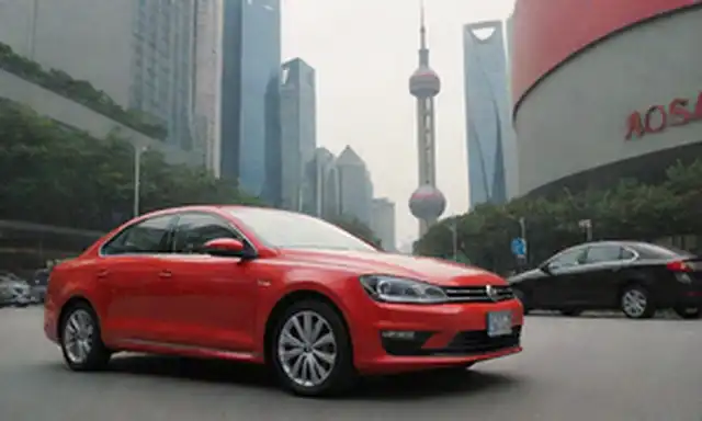 3/4 vista de un brillante Volkswagen sedan rojo, estacionado en una calle bulliciosa en Shanghai, rodeado de peatones y motocicletas, con la icónica East Pearl Tower en el fondo, simbolizando la presencia global en medio de la competencia local