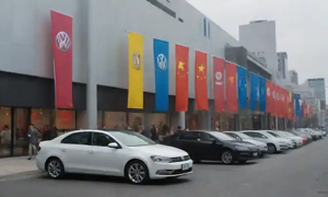 Un vibrante paisaje urbano con un prominente edificio de concesionarios Volkswagen en el centro