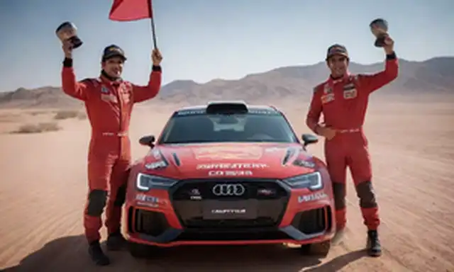 2023 Los ganadores del Dakar Rallyes Carlos Sainz y el copiloto Lucas Cruz se encuentran orgullosos