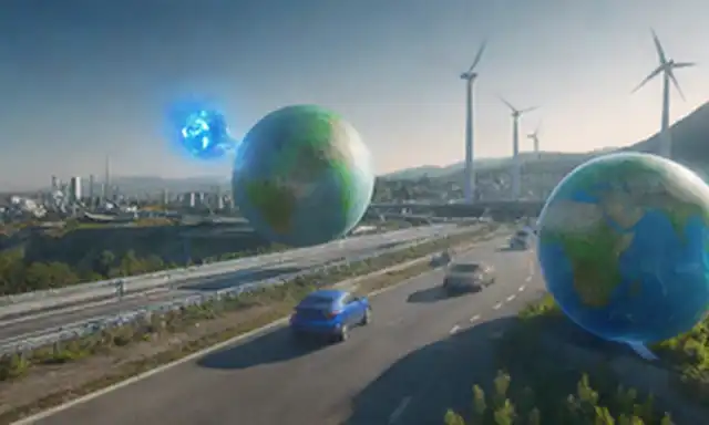 moléculas 3D de hidrógeno suspendidas en el aire, llamas azules saliendo de un futurista paisaje urbano, una tierra verde orbitando el sol, una bomba de gas con un logotipo H2, una turbina de viento generando electricidad, un coche conduciendo en una carretera, un científico trabajando en un laboratorio, un globo con un mapa destacado de infraestructura de energía renovable