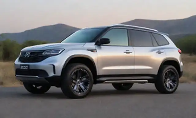 4x4 diseño SUV con líneas elegantes, faros LED, rejilla moderna, negro y plata sistema de color cuerpo, puerto de carga eléctrica en el lado, ruedas de aleación futurista, carriles de techo