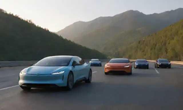 Un futurista paisaje urbano con autos eléctricos y elegantes