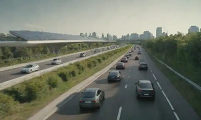 Autos eléctricos que conducen en una carretera futurista con vegetación, paneles solares en tejados, diseños elegantes, estaciones de carga en el fondo, gente ondeando, paisaje urbano, vibraciones ecológicas