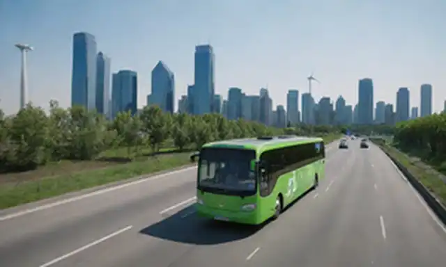 Autos eléctricos que se acercan a una carretera futurista, paisaje urbano con rascacielos verdes y cielos azules, trenes elegantes que giran por, turbinas eólicas generando energía en el fondo, paneles solares en tejados que brillan autobuses brillantes y ecológicos que recorren, estaciones de carga que hacen el paisaje, energía sostenible fluyendo a través de circuitos