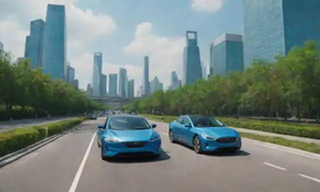 3 coches eléctricos cargando juntos, un paisaje urbano chino con rascacielos y vegetación, cielo azul brillante, algunas nubes, la luz del sol brillando, un camino ocupado en el fondo, unos pocos peatones caminando por, un sentido de modernidad e innovación, colores vibrantes
