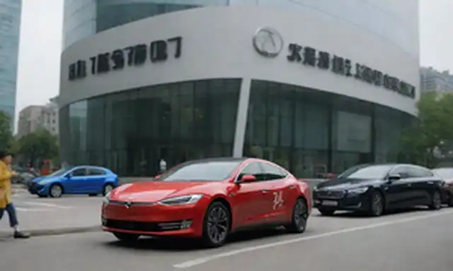 Coches eléctricos en una calle de la ciudad, con un logotipo de la marca de coches chino prominente, personas caminando en el fondo, estaciones de carga eléctrica y arquitectura moderna