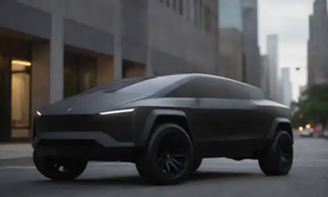 2022 Tesla Cybertruck Diseño exterior de Black Matte, fondo urbano con paisaje urbano, iluminación futurista, planos de ruedas y neumáticos, sombras sutiles para destacar líneas de diseño elegantes, ángulo de cámara desde una pequeña distancia