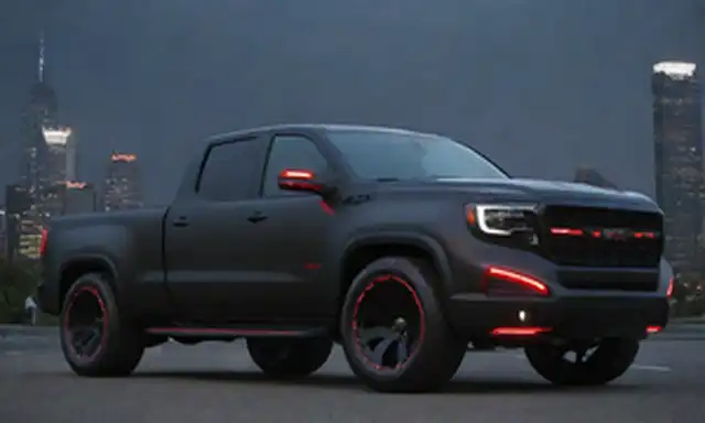 camion negro elegante con elementos futuristas de diseño, luces LED a lo largo de los lados y trasera, rejilla prominente con acentos rojos brillantes, forma aerodinámica con ángulos agudos, neumáticos con profundas caminatas, paisaje urbano o fondo urbano