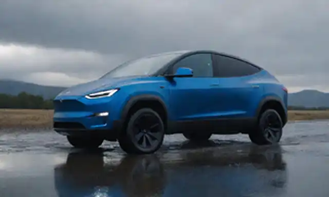 2022 Tesla Cybertruck, floodwater, sumergido en una carretera, coche en apuros, agua salpicada, luz solar brillante, cielo oscuro, tonos azules eléctricos, interior iluminado, conductor angustiado, pánico en la cara, rueda de agarre mano apretada, carros dañados, ventanas rotas, falla del sistema eléctrico