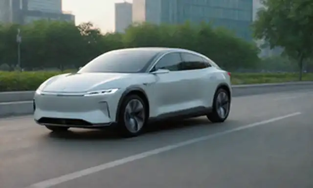 2025 eléctrico Sedán chino con diseño elegante, características de conducción autónomas avanzadas, contorno de batería visible bajo panel de mando, puerto de carga en panel lateral, faros LED futuristas, y un fondo de paisaje urbano con vegetación