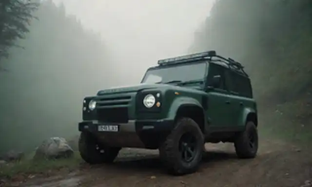 SUV eléctrico 4x4, terreno fuera de la carretera, paisaje robusto, bosque denso, ladera rocosa, logotipo Defender, faros brillantes, niebla sutil o niebla, tonos verdes oscuros y terrenales, iluminación dramática, diseño detallado del vehículo, texturas contrastantes, y un sentido de aventura