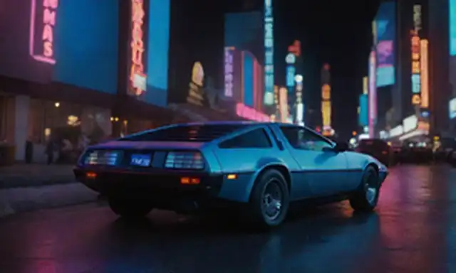 Paisaje futurista de inspiración de 1970 con Delorean Alpha 5 en foco, luces de neón iluminando la noche, diseño elegante y moderno, brillo azul eléctrico que rodea el coche, icónico renacimiento de la marca americana, estilo retro-futurista, colores atrevidos y llamativos, posición dinámica en una carretera curvada