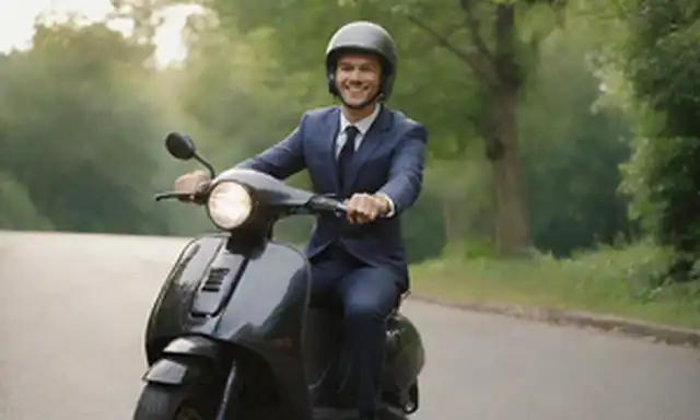 Vehículo de 2 ruedas, jinete con casco, carretera, luz solar, vegetación, paisaje urbano, scooter/motorciclo, adulto, hombre, desgaste formal, pose relajada, cara sonriente