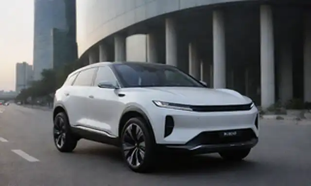 eléctrico elegante SUV con características futuristas de diseño, faros LED, rejilla prominente, líneas aerodinámicas, techo de sol, ruedas de aleación, indicador de modo de conducción autónomo, suite de sensores avanzados y sistema de información avanzada