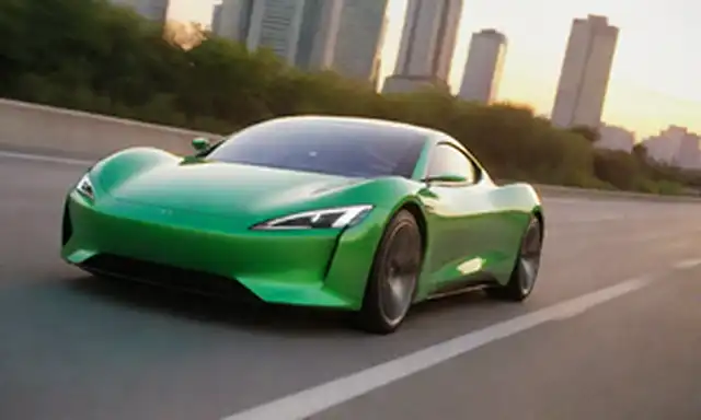 Un coche elegante y eléctrico acelerando una carretera al atardecer, con una onda de energía verde brillante que emana de su extremo trasero, rodeado por un patrón de rejilla sutil de tableros de circuito, y un toque de paisaje urbano en el fondo, transmitiendo modernidad e innovación, en medio de una luz dorada cálida