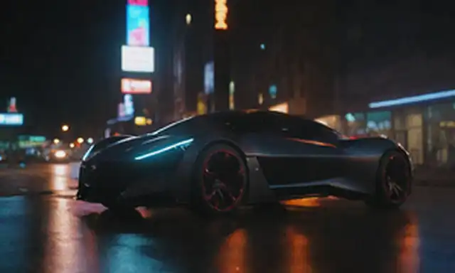 coche deportivo de 2 puertas, diseño elegante, motor eléctrico, mirada futurista, luces de neón, paisaje urbano por la noche, sombras oscuras, faros LED, líneas aerodinámicas, colores vibrantes, pose dinámica, movimiento borroso