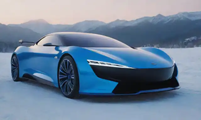 Un coche elegante y futurista con relieves azules eléctricos