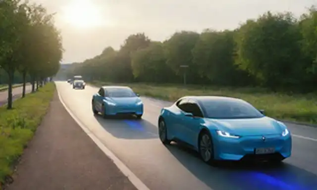 Autos eléctricos que conducen en una carretera futurista con paneles solares, estaciones de carga elegantes con luces azules brillantes, gente feliz mirando y sonriendo, paisaje ecológico con vegetación y características de agua