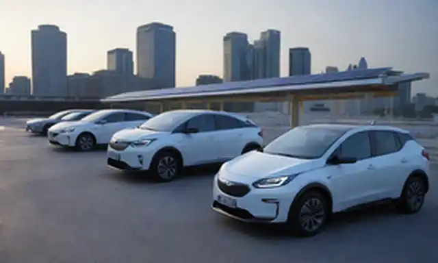 2 coches eléctricos cargando en una moderna estación urbana con paneles solares en tejados, un paisaje urbano en el fondo, y un brillo azul sutil resaltando los puntos de carga