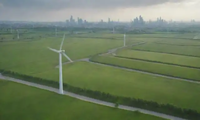 Un futurista paisaje urbano con un paisaje verde, turbinas eólicas innovadoras, vehículos de pila de hidrógeno y infraestructura de carga, mostrando soluciones energéticas sostenibles