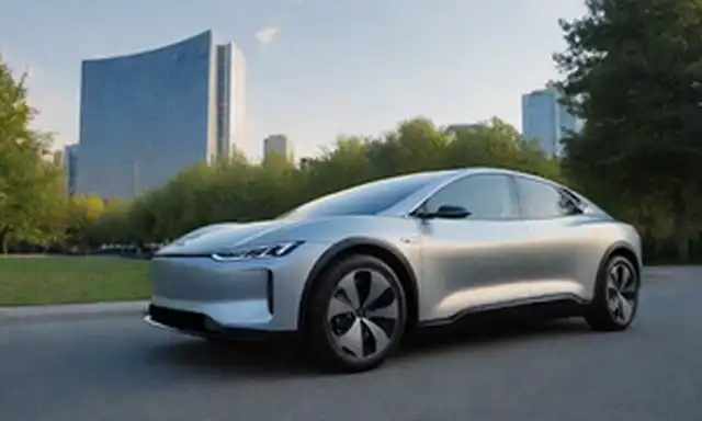Un vehículo eléctrico elegante (EV) con un cuerpo de plata