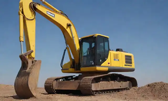 excavadora 3D, potencia eléctrica, marca Komatsu, maquinaria pesada, equipos de movimiento de tierra, diseño futurista, líneas elegantes, esquema de colores vibrantes, luces LED iluminadas, aspecto potente y ágil
