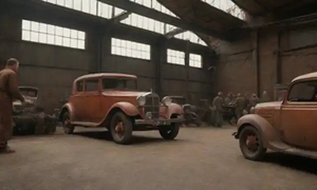 fachada de fábrica de estilo 1920 con un coche vintage siendo levantado fuera del suelo por un trabajador en general, mientras que un mecánico en los tinkers de fondo con el motor de otro modelo clásico, contra un telón de fondo de coches antiguos y maquinaria que gime, con iluminación caliente iluminando la escena