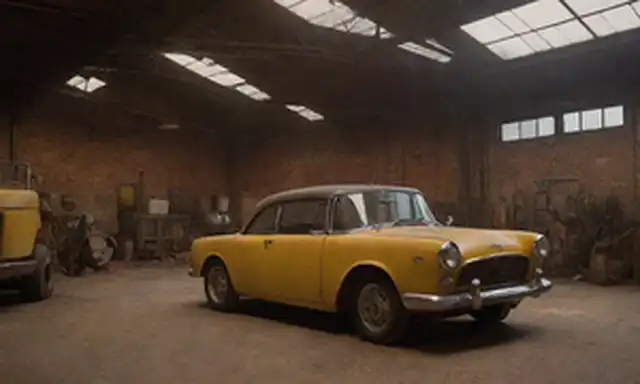 Piso de fábrica de estilo 1950 con coches antiguos
